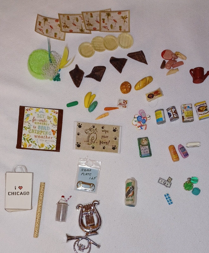 Miniature dollhouse accessory lot Food Hat money doormat picture - Picture 1 of 8