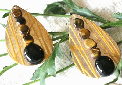 Gold Plated Earrings Tiger Eye Stones Black Gem Pear shape EXCELLENT!!!