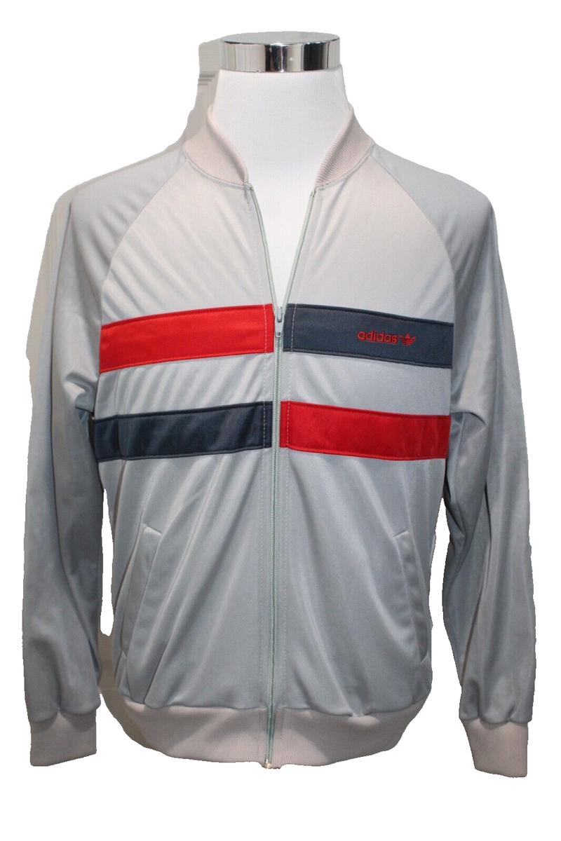 Adidas Vintage Made In USA Track Jacket Gray w Red & Blue Stripe