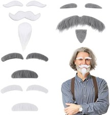 4 Sets Fake Mustache White Grey Fake Beard Self Adhesive Old Man Stick on Mustac
