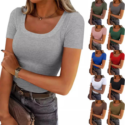 Damen Sommer gerippt Kurzarm dehnbar Tops T-Shirts Freizeit Bluse Basic Tee