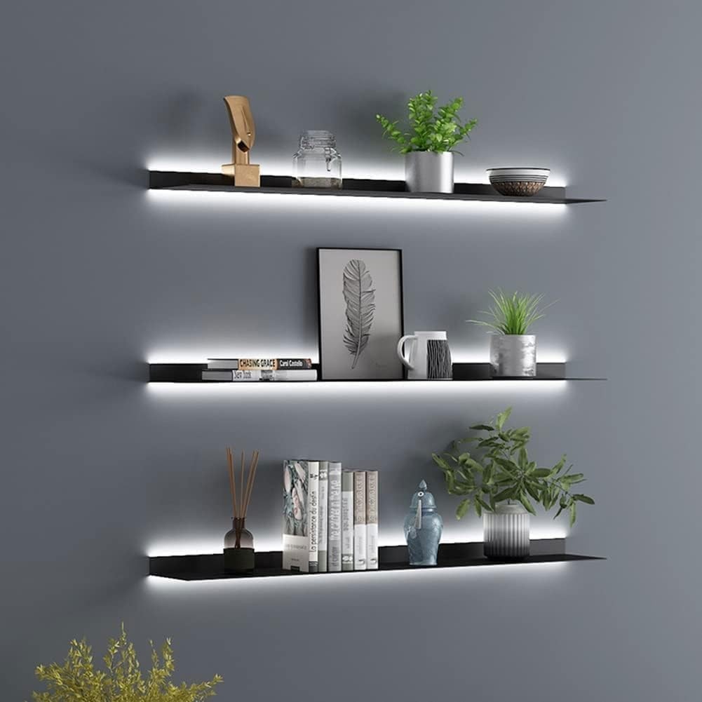 Étagère murale flottante noire 80cm en métal avec LED intégrée