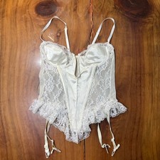 Vintage 90s Faris Top Lingerie L Satin Lace Pinup Teddy Boned Sheer L11