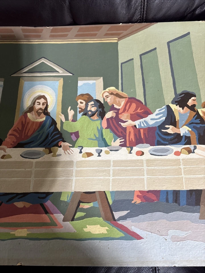 Vintage paint by number PBN The Last Supper No Frame 32x15 Border Damage 1960’s - Image 3 of 4