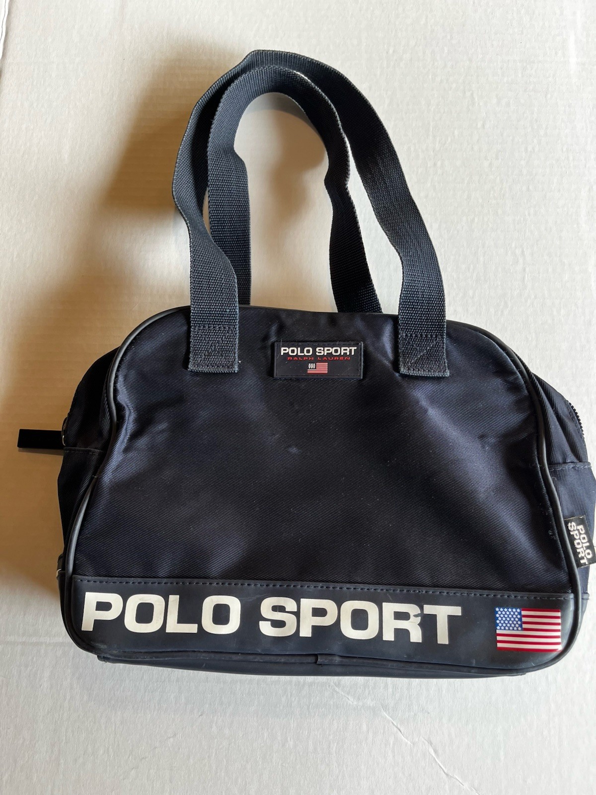 Polo Sport Ralph Lauren Tote Bag Blue Nylon USA Flag Logo Zip Vtg Travel Preppy