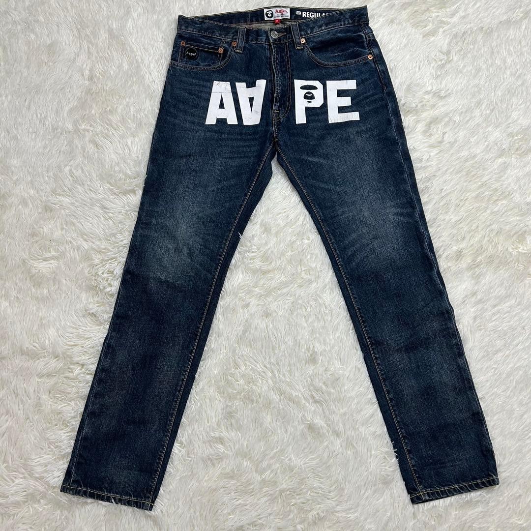 AAPE BY A BATHING APE Logo Print Denim Pants Jeans Navy W32 BA0226209