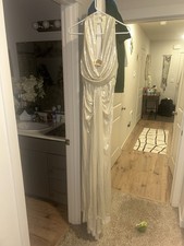 Ivory Shiny Satin Draped Sleeveless Cowl Neck Maxi Dress Shell Accent Mermaid