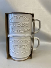 Hubby Wifey Stackable Coffee Mug Set Heartland Home Tea Beige White New NIB