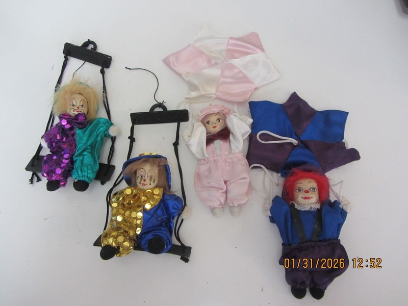 4 Vintage Porcelain Clown Ornaments 2 On Parachutes 2 Swings
