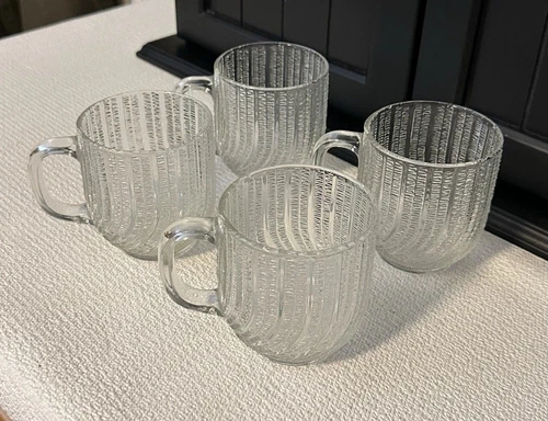 Set Of 4 Arcoroc USA Seabreeze Clear Glass Swirl Coffee Tea Mugs Cups