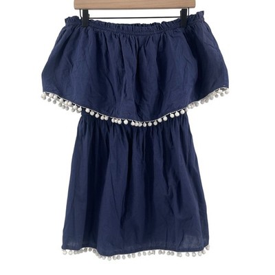 MUD PIE Dress Small Strapless Navy Pom Pom Nautical Coastal 100% Cotton Casual