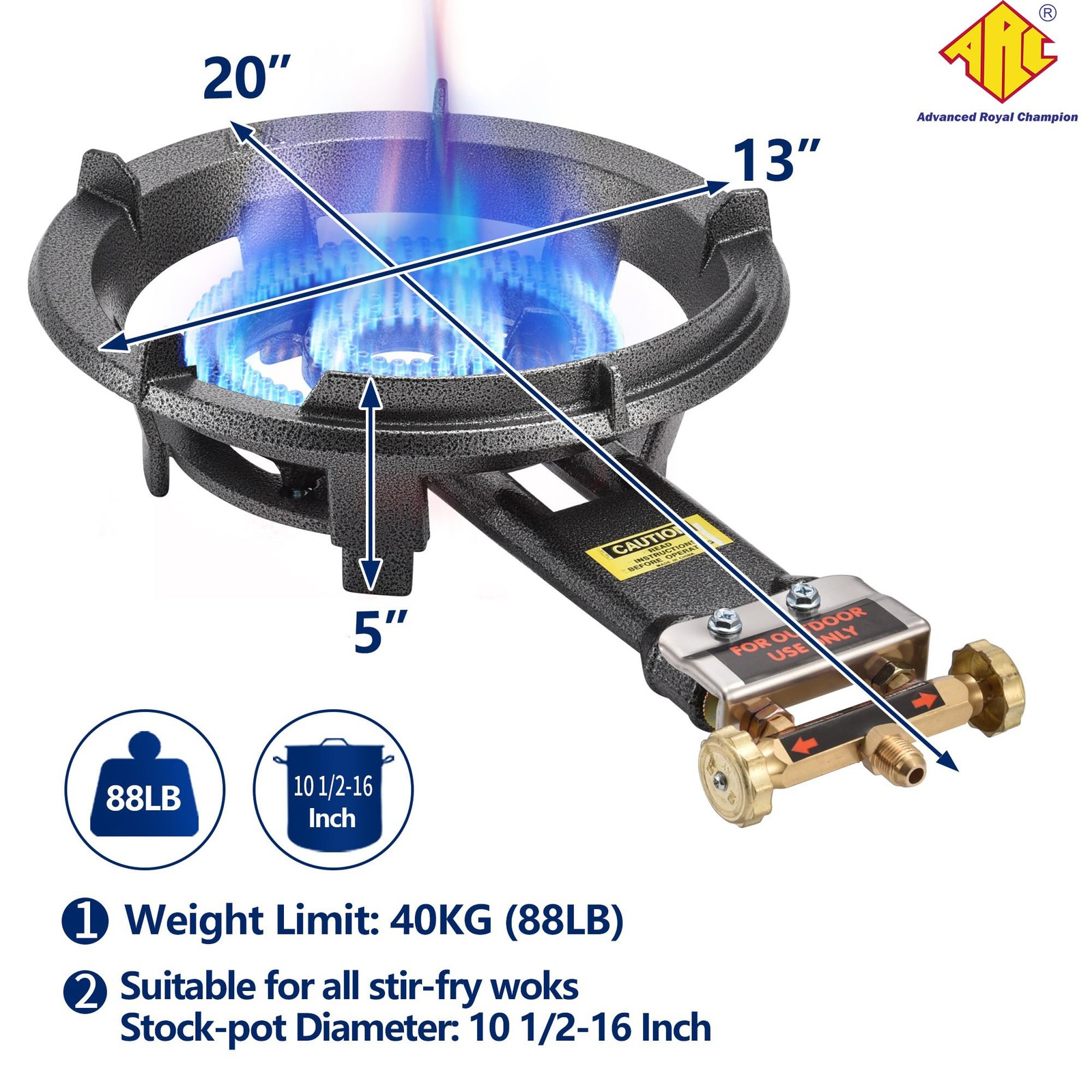 ARC Outdoor Propane Burner Stove, 13" Single Propane Burner, Cast Iron Portab...