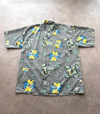 Sean John Hemd Herren Large Y2K Grau Blumenmuster Kurzarm Oversized Freizeit