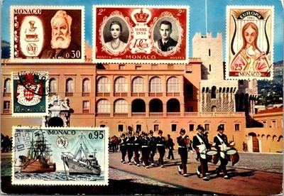 Monaco Guard Parade and Palace with Stamps Continental Postcard C037