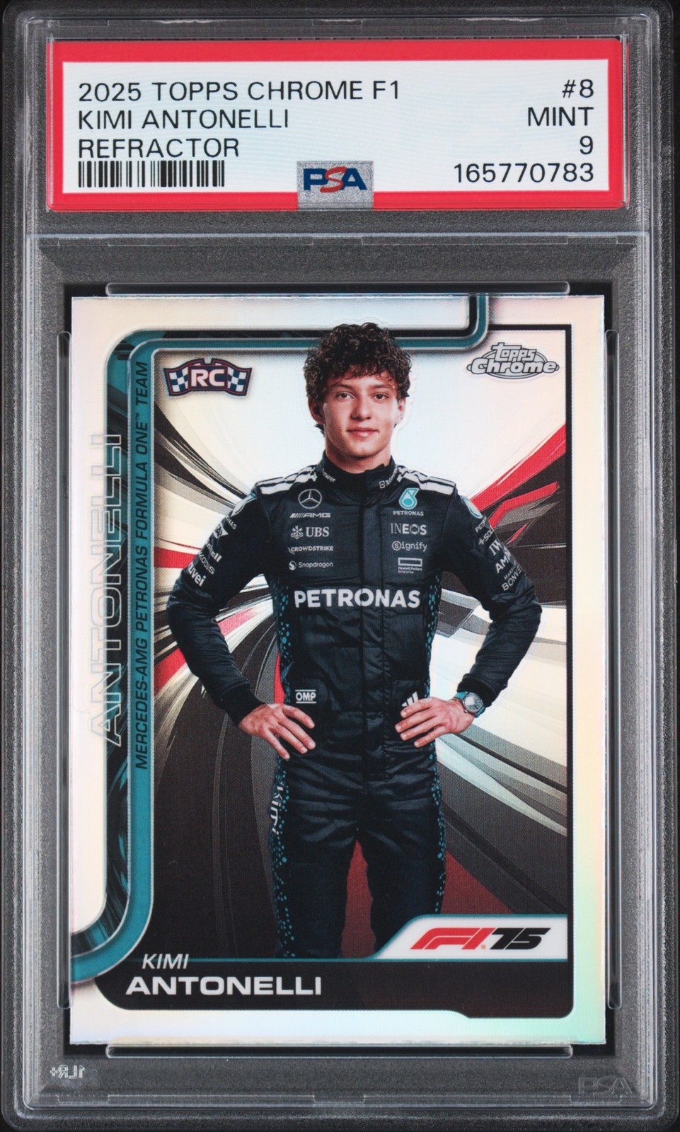 2025 TOPPS CHROME FORMULA 1 REFRACTOR #8 KIMI ANTONELLI ROOKIE RC PSA 9 view 1