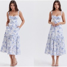 House of CB Elia Midi Dress Women L Blue New Floral Corset Tiered Poplin SB8983