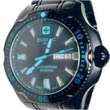 Swiss Zodiac Deep Reef Mens 48mm Diver Watch Black Stainless Day Date ZO7903