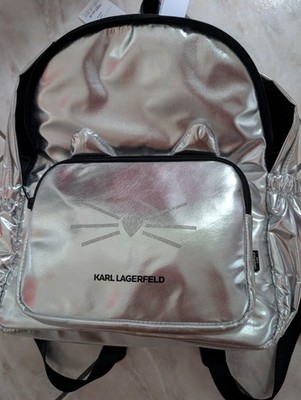 KARL LAGERFELD Damen Rucksack silber Kunstleder Katze Außentaschen RV