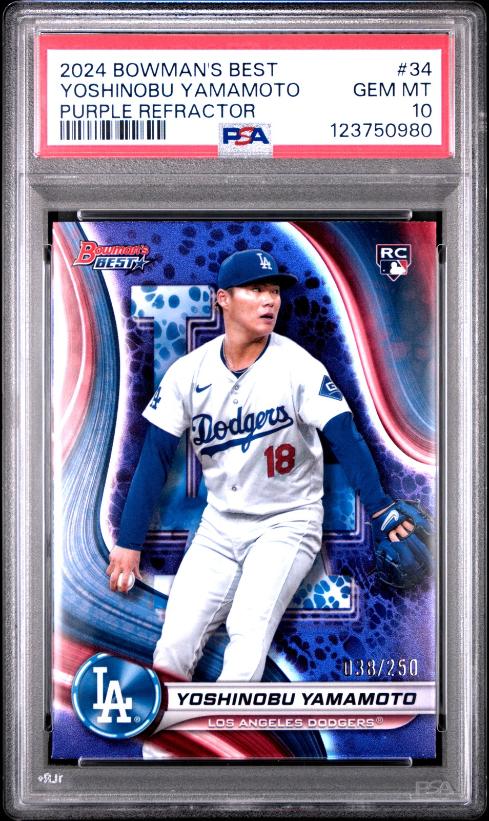 2024 BOWMAN'S BEST PURPLE REFRACTOR #34 YOSHINOBU YAMAMOTO 38/250 PSA 10