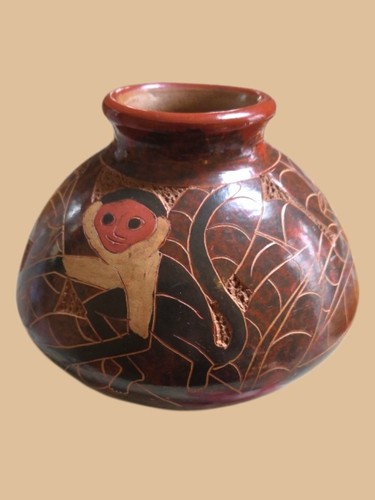 Costa Rican Pottery Monkey Vase Ceramic, Orb Shaped Tropical Pot In Brown Toned