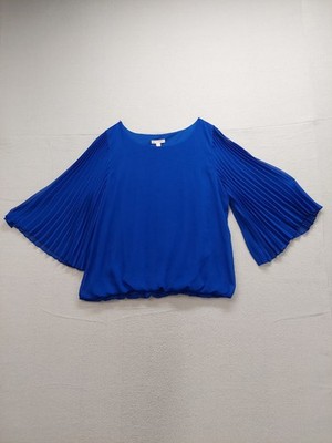 Established 1962 Women Blouse Top XL Blue Pleated Long Sleeve Round Neck Elegant
