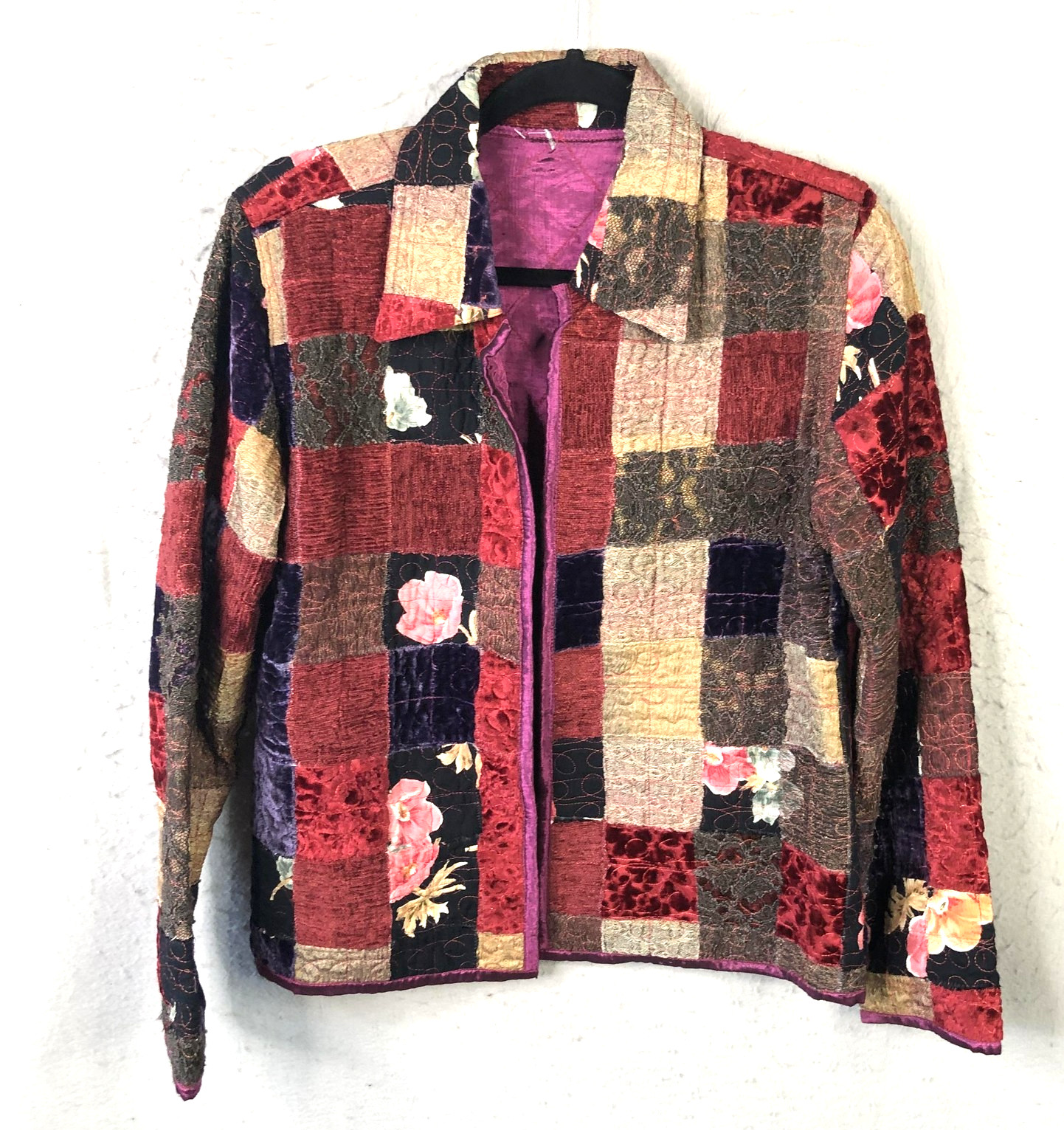 Patchwork Velvet Jacket Womens Large Quilted Flor… - image 1