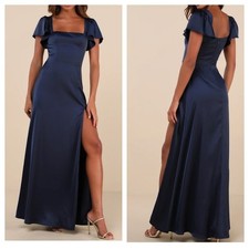 Lulus Ultimate Sweetness Navy Blue Satin Flutter Sleeve Maxi Dress L New Wedding