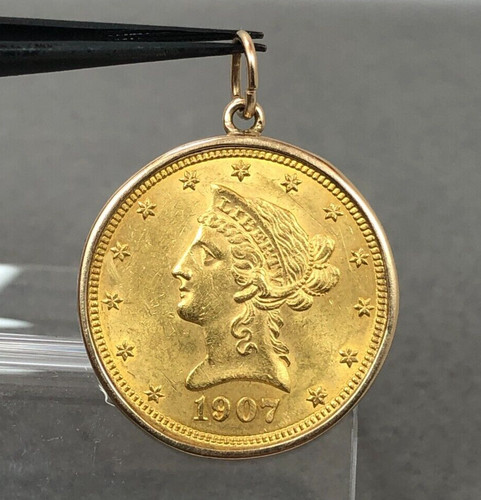1907 U.S. $10 Liberty Head Gold Eagle Coin in 14k Smooth Bezel Pendant