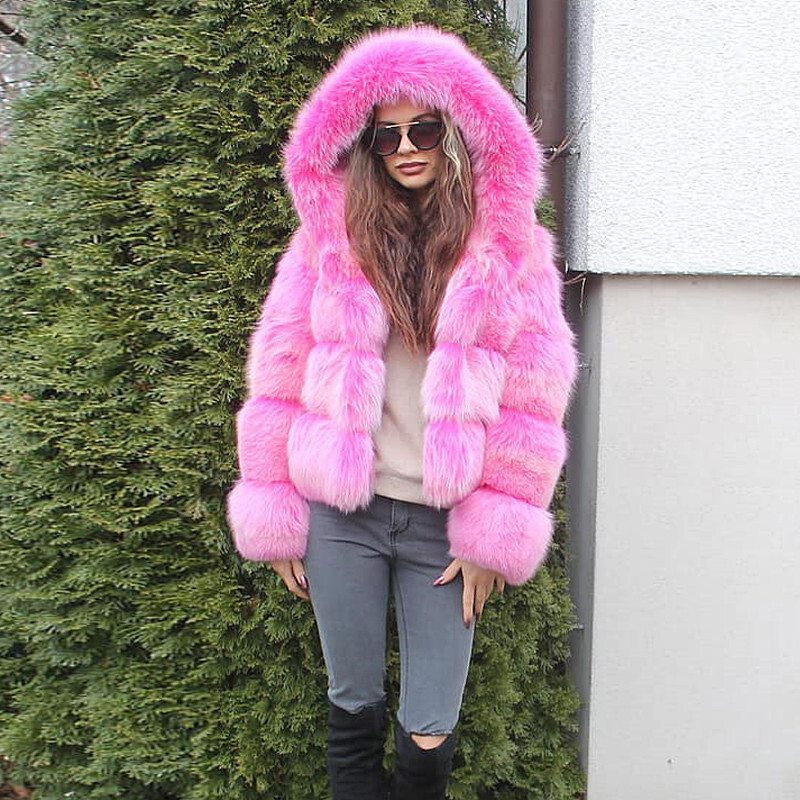 Hot pink Women Genuine Fox Fur Warm Jackets Hooded Winter Short
