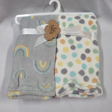 Baby Essentials 2 Pack Plush Fleece Blanket Gray Blue Yellow Orange Rainbow Dot
