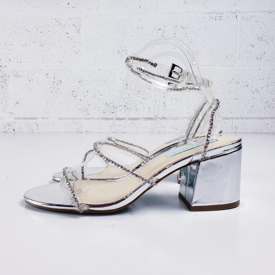 Betsey Johnson 8 Silver Block Heel Rhinestone Slingback Sandal Party Cocktail - Image 4 of 4