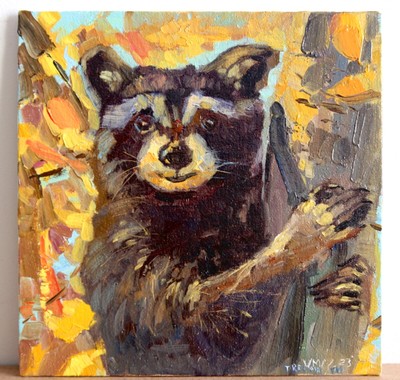 Animal Oil Painting original Signed Racoon wildlife art Treemallow