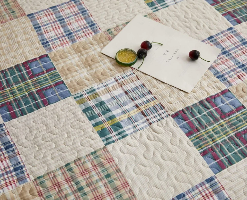 Beige Plaid Quilt Set Full/Queen Country Patchwork Bedding Quilt Lightweight Rev - Image 3 of 3