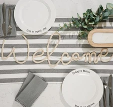 Mud Pie White Gray Striped Welcome Table Runner and 4 Pc Napkin 5 Piece Set