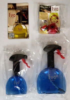 New! Evo Set of (2) 8 oz & 18 oz Blue Non-Aerosol Oil Sprayers and Accessories