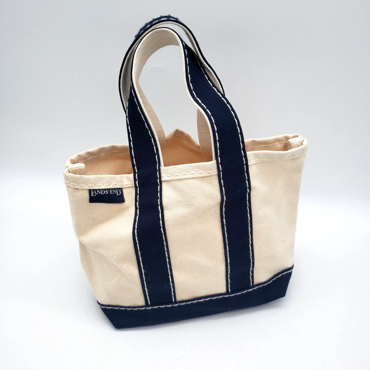 Lands' End Medium Natural 5 Pocket Zip Top Long Handle Canvas Tote Bag - -  Natural/True Navy