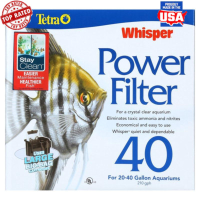 Whisper Power Filter 40 Gal Quiet 3-Stage Aquarium Filtration  Absorbs Odors New