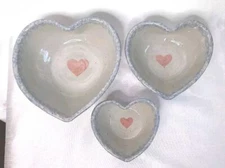 Vintage Heart Shaped Blue Gray Stoneware Pottery Nesting Serving Bowls Set Of 3
