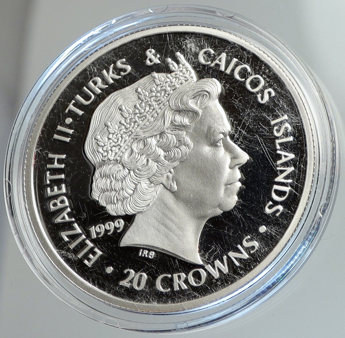 1999 TURKS & CAICOS UK WINSTON CHURCHILL Old Proof Silver 20 Crown 