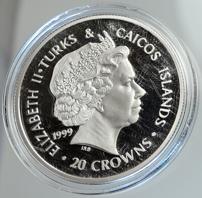 1999 TURKS & CAICOS UK WINSTON CHURCHILL Old Proof Silver 20 Crown