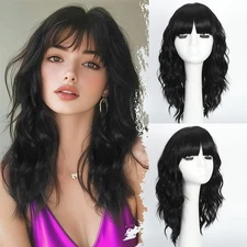 Black Wig with Bangs Short Wavy Wigs for Women Curly Bob Style Wear and Go Natur