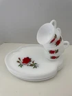 Vtg~Federal Milk Glass~Rosecrest~4 Luncheon Plate/Tea Cup~Snack Sets~ Rose