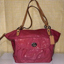 Coach Signature Embossed Leah Pink Patent Leather Tote Shoulder Handbag F14662