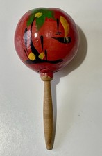 Vintage Mexican Gourd Maraca Hand Painted Folk Art 8" Shaker Percussion Red