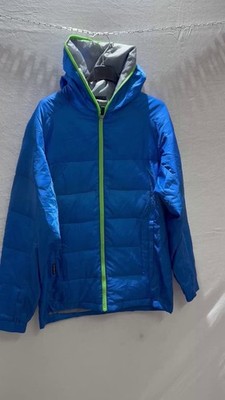 Adidas Climaproof Blue Hooded Puffer Jacket with Lime Green Zipper