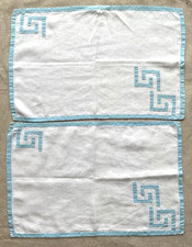 Set of Two Pretty Light Blue and White Vintage Linen Placemats