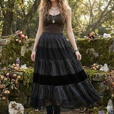 Vintage Y2K Black Maxi Skirt Crinkle Velvet Lace Whimsigoth Fairy Grunge Goth S