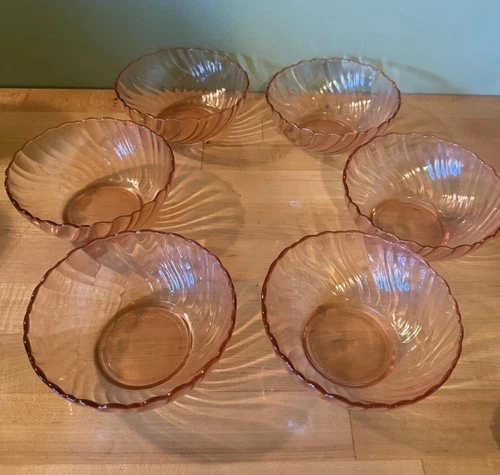 6 Vintage Arcoroc France  Pink Swirl Depression Glass Small Bowl 5 1/8"