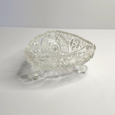 Vintage Crystal Lead Diamond Cut Triangle 3 Footed Candy Dish