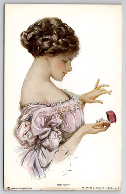 Harrison Fisher Signed Pretty Lady His Gift Admiring The Ring Postcard L36